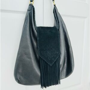 MARGOT Black Leather Suede Fringe Hobo Shoulder Bag Purse